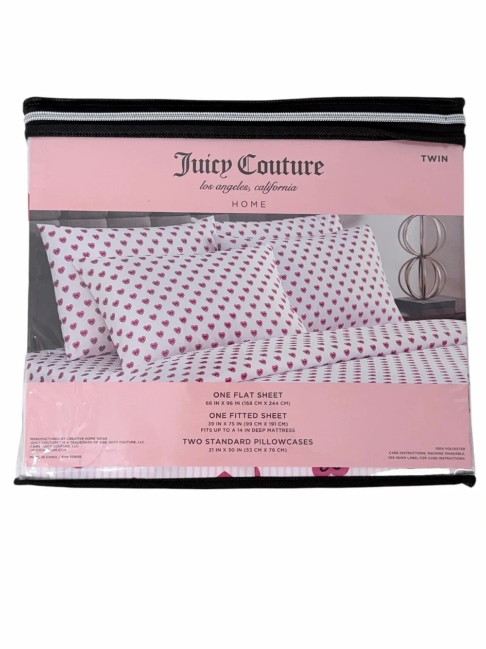 Juicy Couture Home Pink Heart Bow Twin Sheet Set 4 Piece Bedding Set